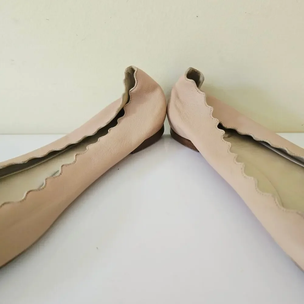 Chloe Lauren Scalloped Leather Ballerina Flats Tan Cream 41 US 10.5